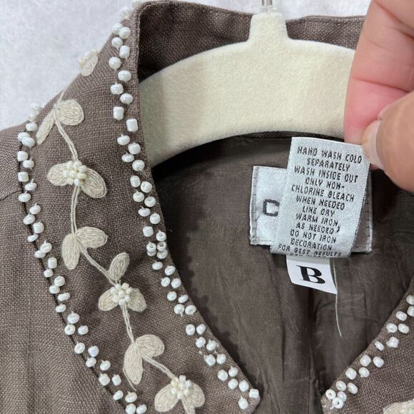 Chico's Jacket Women Large Brown 100% Linen Embroidered Floral Beaded Boxy Fit - Picture 6 of 11